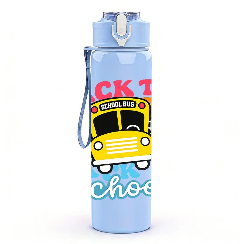 1PC Back To School Bus Kids Art 750ml Color Plastic Sports Water Bottle Leakproof Flip Straw Lid Suitable for Sports Office Home Use