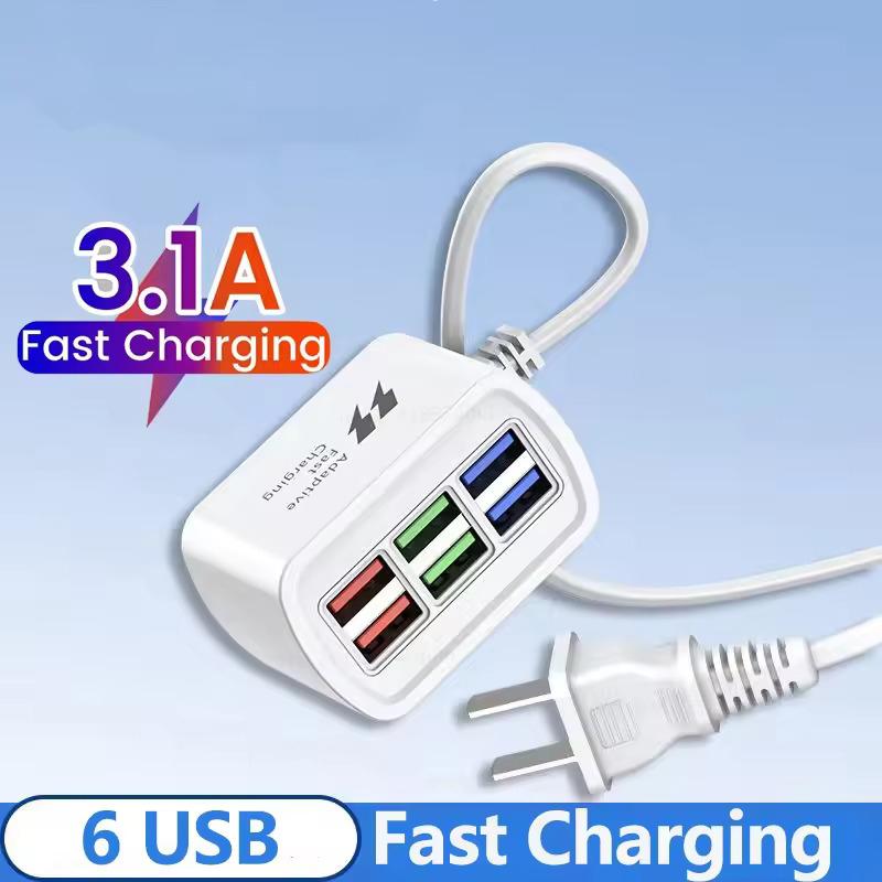 6 Portar USB Ström USB Snabbladdare Grenuttag Skrivbordsladdningsstation Snabbladdning 1m Sladd USB-hubb Adapter Uttag för Ios Android