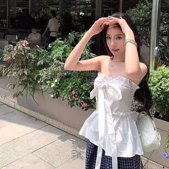 Summer New Sweet and Spicy Style Bow Lace-up Tube Top Women Slim and Thin Fungus Edge Sleeveless Top