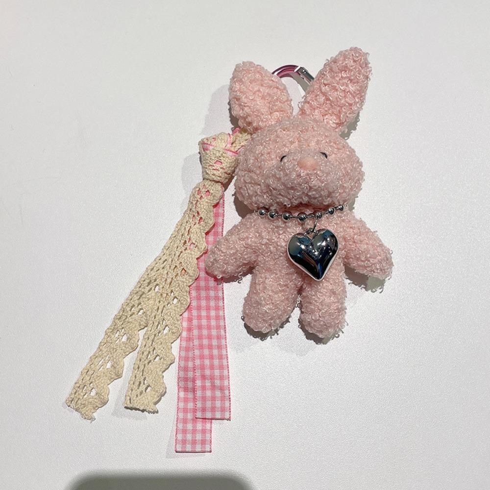 Cute Rabbit Plush Bag Pendant Silver Heart Rabbit Plush Doll Cute Rabbit Doll Charm  Car Key
