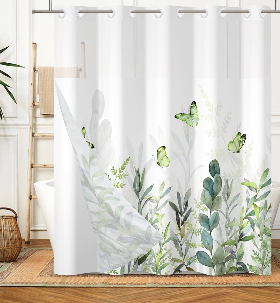 Hookless Double Layer Shower Curtain Waterproof Removable Lined Leaves Plants Flower Modern Bathroom Decorative Shower Curtains