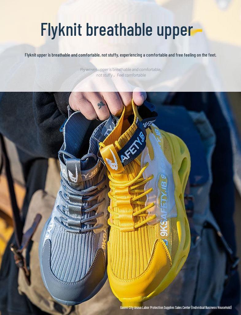 All-Season High-Top Safety Work Shoes: Anti-Smash, Anti-Puncture, Lightweight, Elastic Shock Absorption, Breathable Fly-Knit Design
