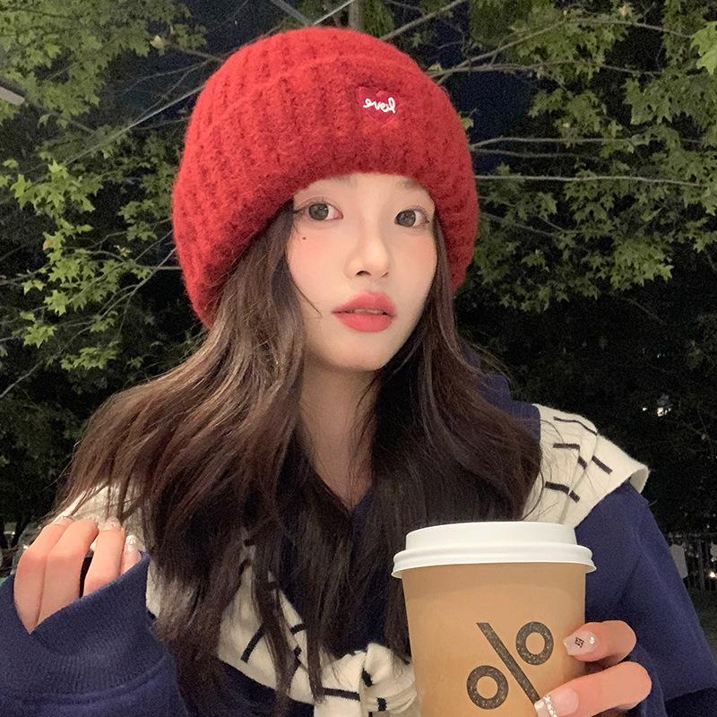 [My head is not round] Ankola red white warm knitted hat autumn and winter ear protection small wool hat