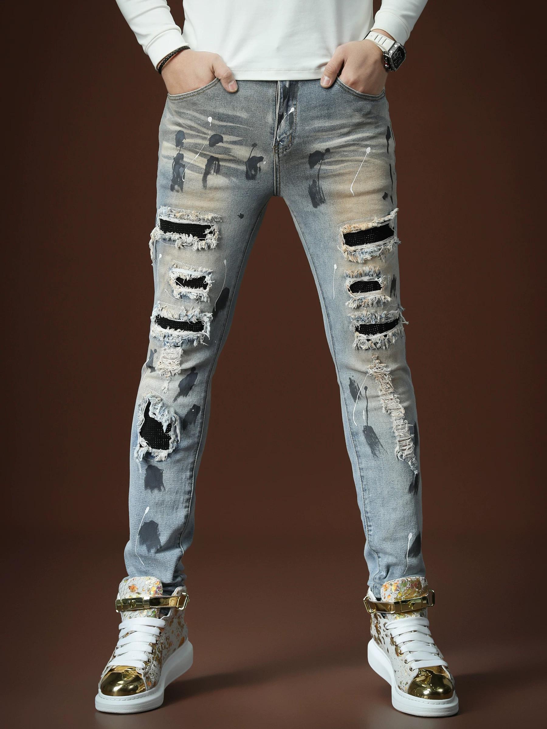 

Европейский и американский модный бренд Винтажные мужские повседневные брюки 2025 Новый стиль Патч из страз Модные зауженные скинни-джинсы EUR38 светло-синий