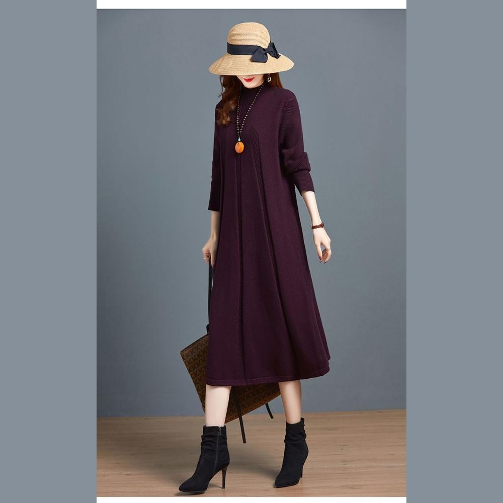 Long Knee-length Knitted Dress for Women In Autumn and Winter Solid Color Loose Plus-size Sweater Dress Half Turtleneck Sweater A-line Dress
