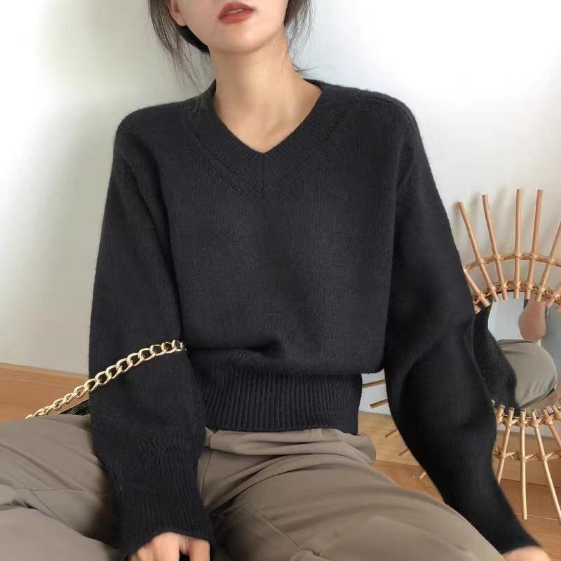 Sweater for Women Autumn Winter Thickened Warm Knitted Stretchy Long Sleeve V-neck Tops
