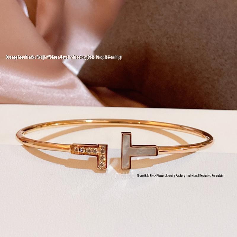

18K Gold Elastic Open Cuff Bracelet with Mother-of-Pearl & Diamond for Men and Women
