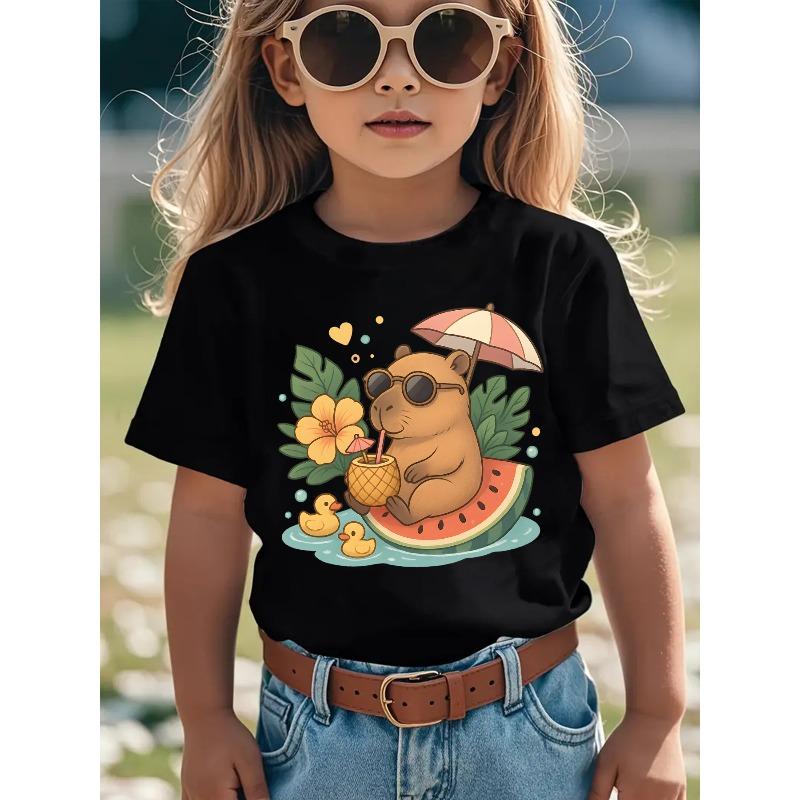 European sizes Summer Fashion Short-Sleeve T-Shirt for Girls Featuring a Capybara Print, Sitting on a Watermelon And Sipping a Pineapple Drink
