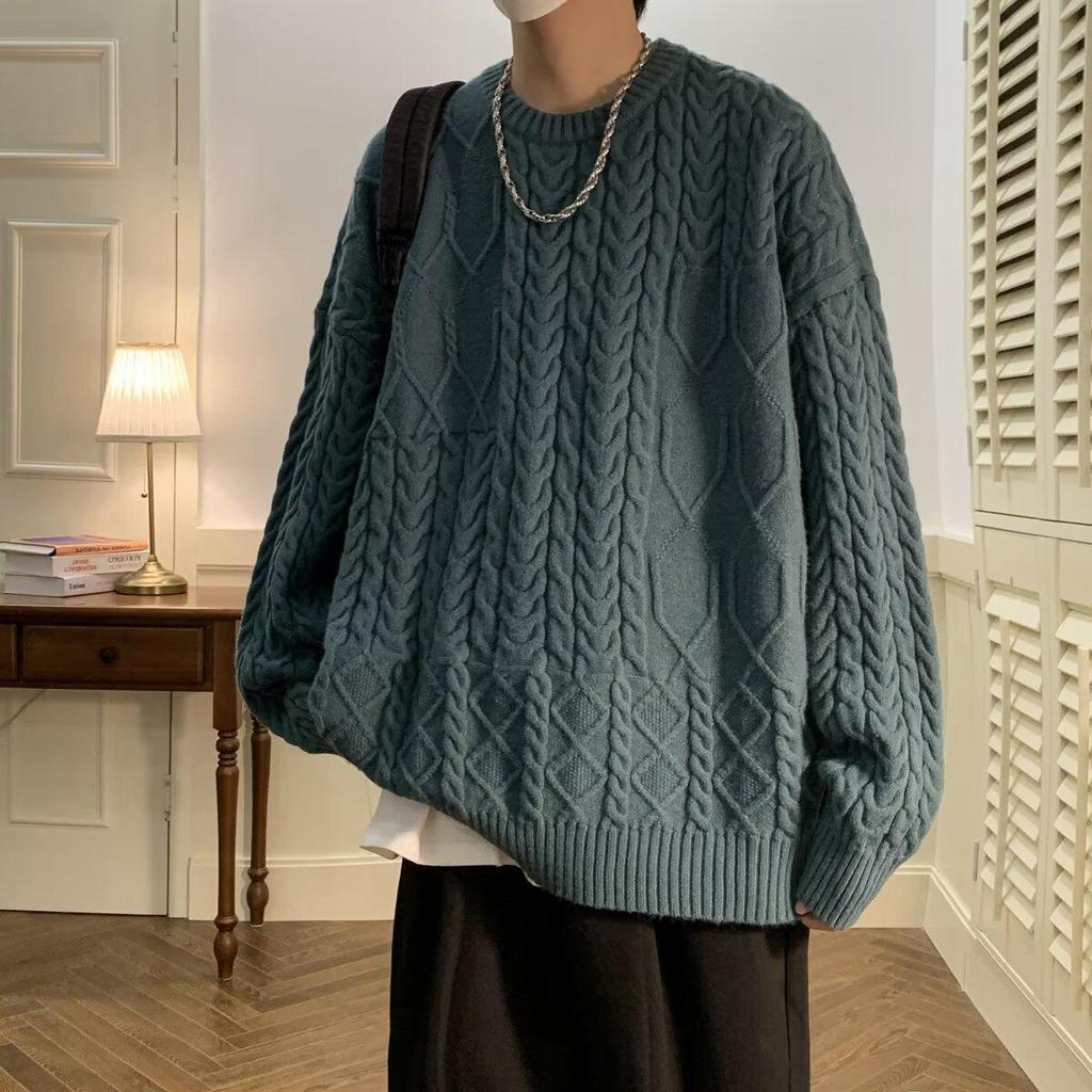 Men's Trendy Japanese Twisted Knit Sweater - Loose, Thickened, Round Neck for Autumn/Winter.