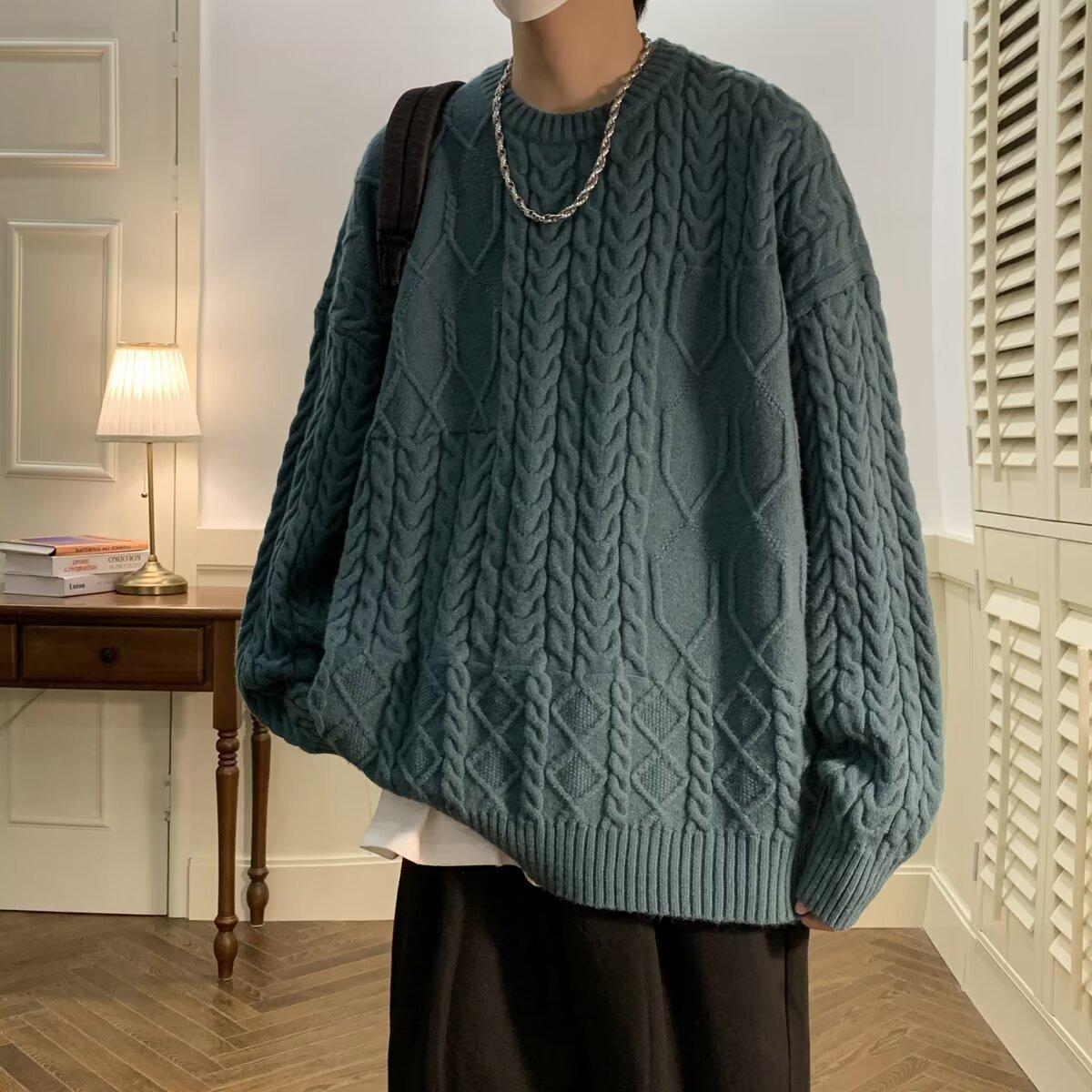 Men s Trendy Japanese Twisted Knit Sweater - Loose, Thickened, Round Neck for Autumn/Winter. M