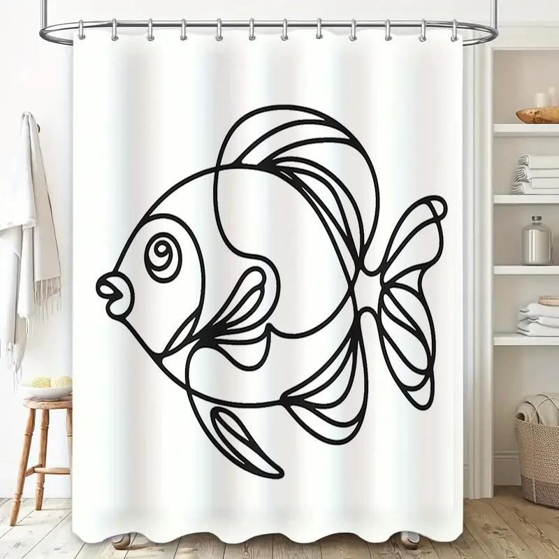 Black And White Modern Fish Print Shower Curtain Home Decor Waterproof Bathroom Decoration 3D Printing Window Treatments Custom