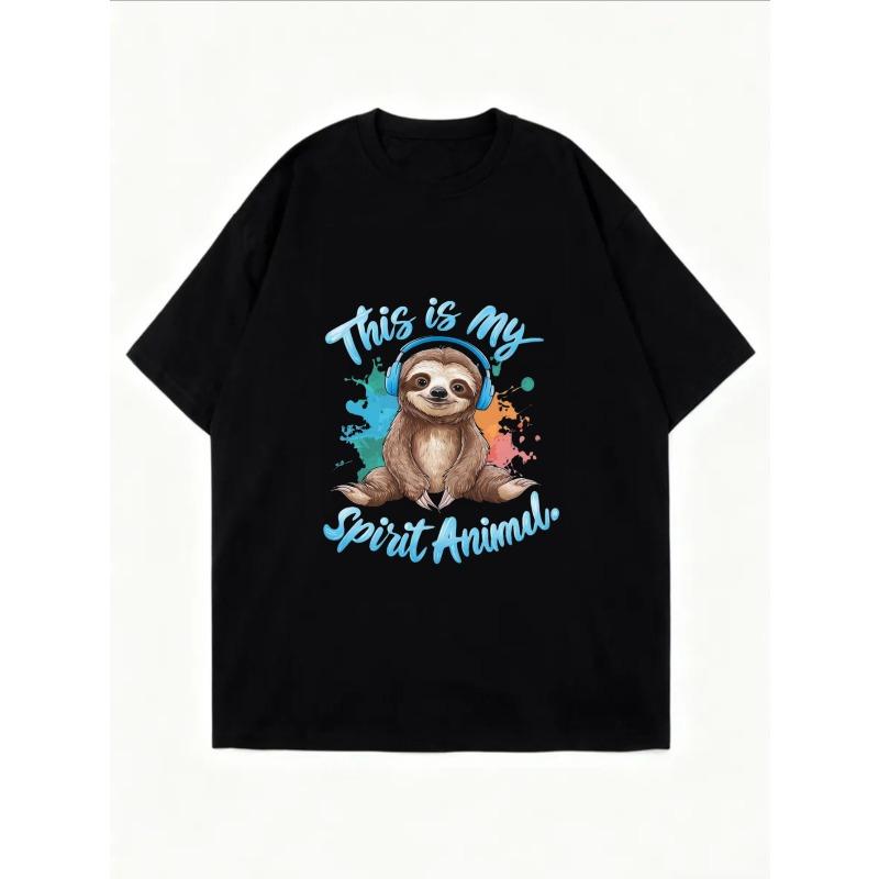 Crew Neck T Shirt White Sloth With Headphones And This Is My Spirit Animal Text Graphic Print Casual Wear For Women