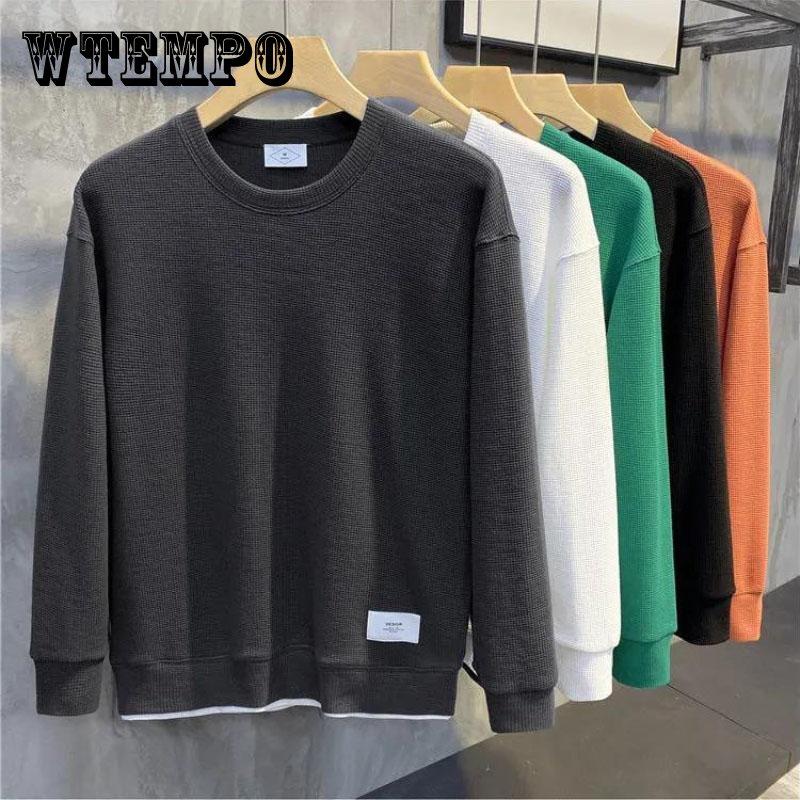 

Сплошной цвет с маркировкой вафельный пуловер с круглым вырезом, свободная версия, повседневный свитер, мужской топ с длинными рукавами