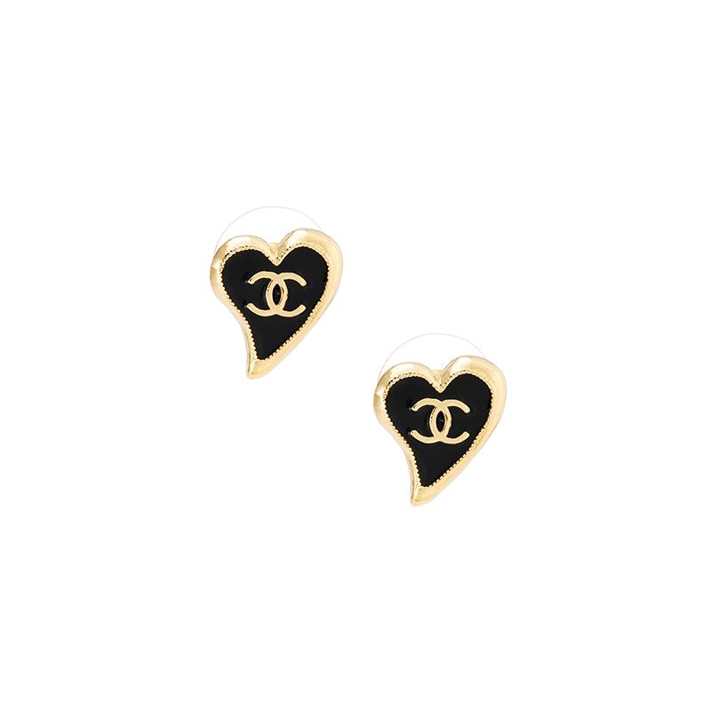 

CHANEL [22 spring and summer new products] metal black love double C earrings gold large size women s style чорний