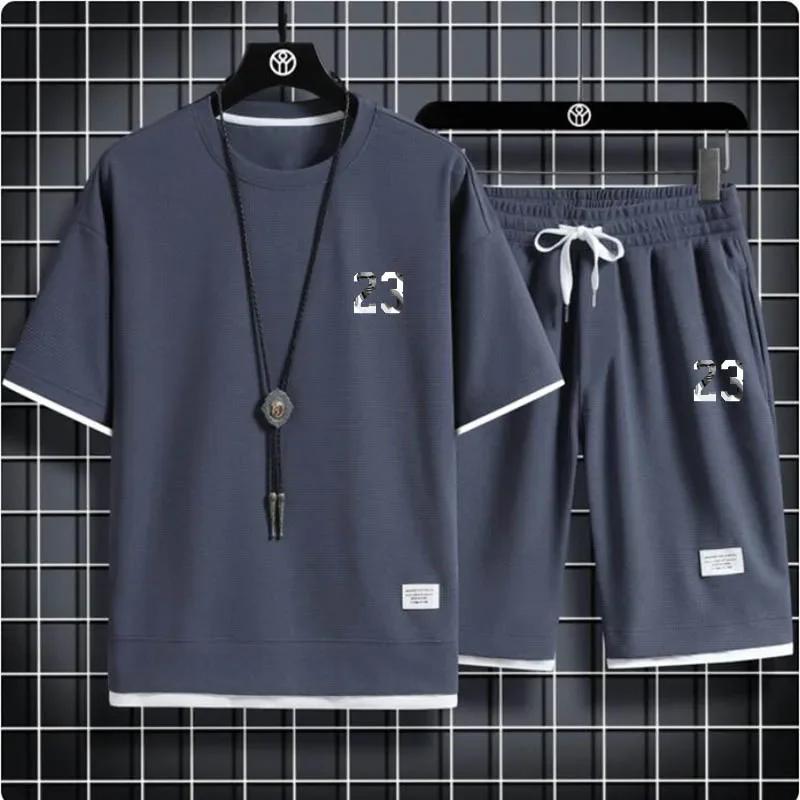 Set de pantaloni scurți pentru bărbați cu imprimeu waffle, 2 articole sport largi, stil Harajuku, modă de vară