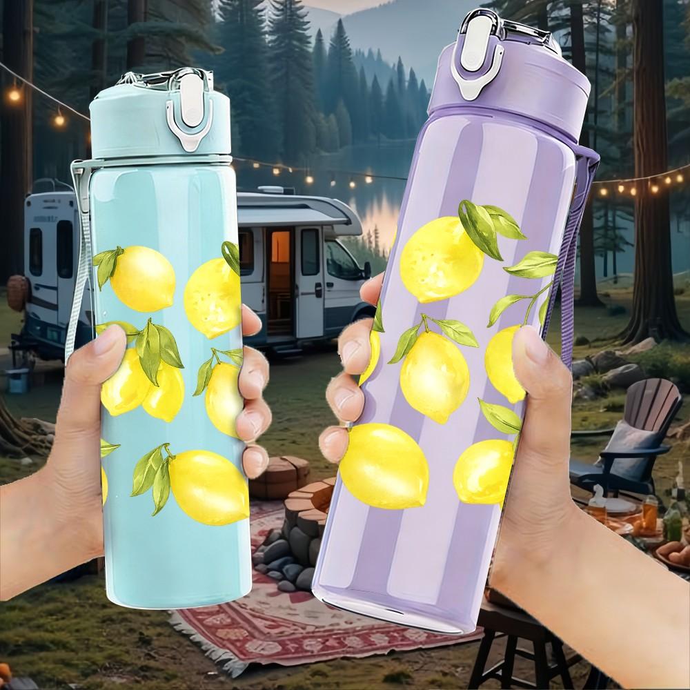 1PC Yellow Lemon Citrus Fruit Pattern Print 750ml Color Plastic Sports Water Bottle Leakproof Flip Straw Lid Suitable for Sports Office Home Use