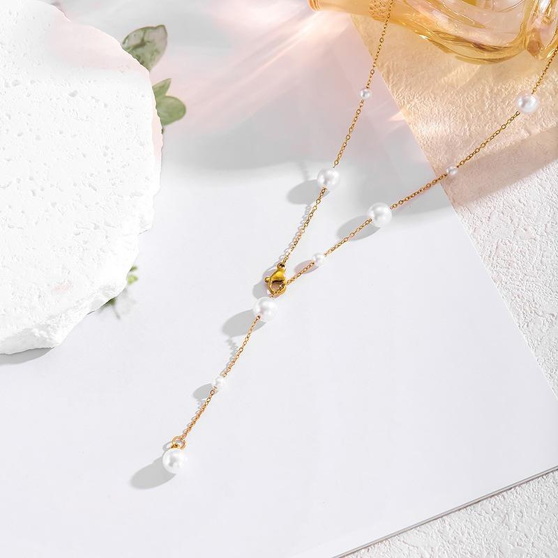 Adjustable Titanium Steel Necklace with Imitation Pearl for Women - Geometric Clavicle Chain
