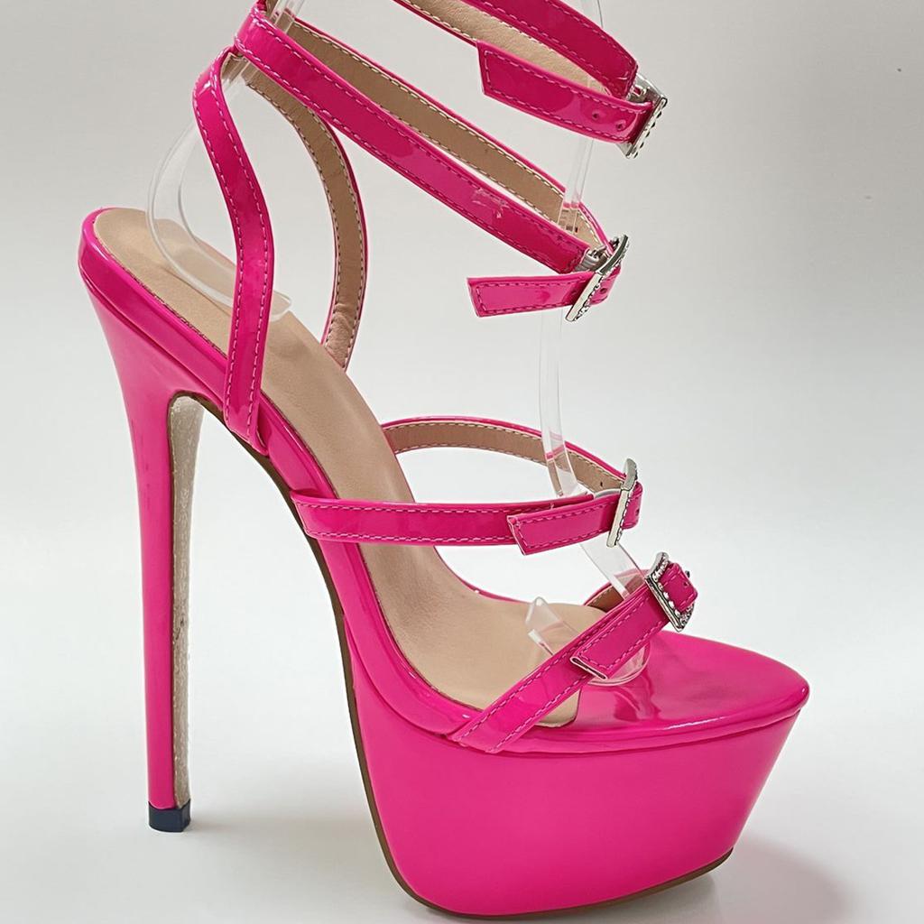 Fashion DEleventh Women’s Ultra High Heel Platform Sandals – Multiple Rhinestone Buckle Straps Design, Stylish Pink & Black Party Heels