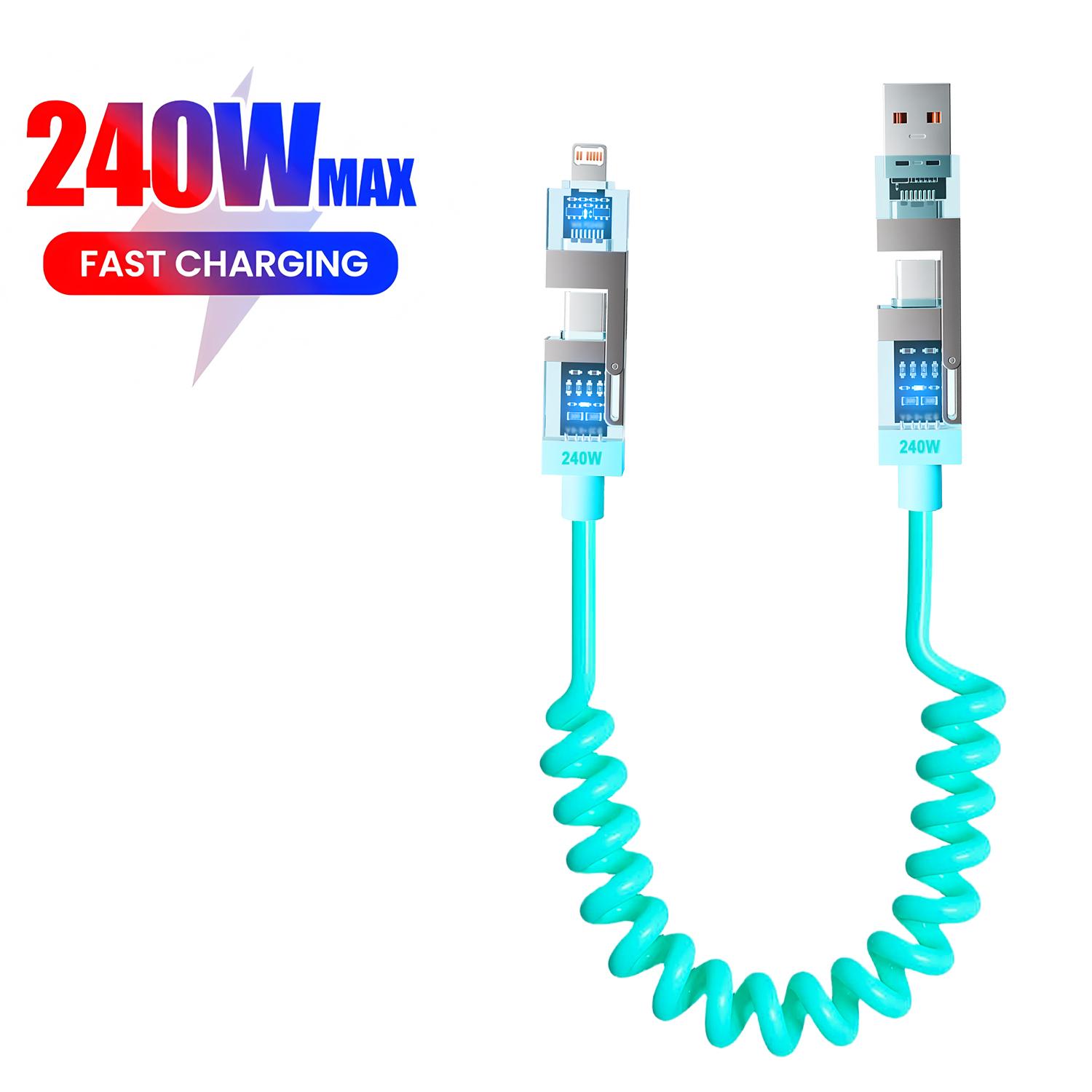 

240 Вт 4-в-1 USB Type C кабель пружинный телескопический сверхбыстрый зарядный USB C кабель для передачи данных для iPhone 16 14 ноутбуков Samsung Xiaomi зелёный