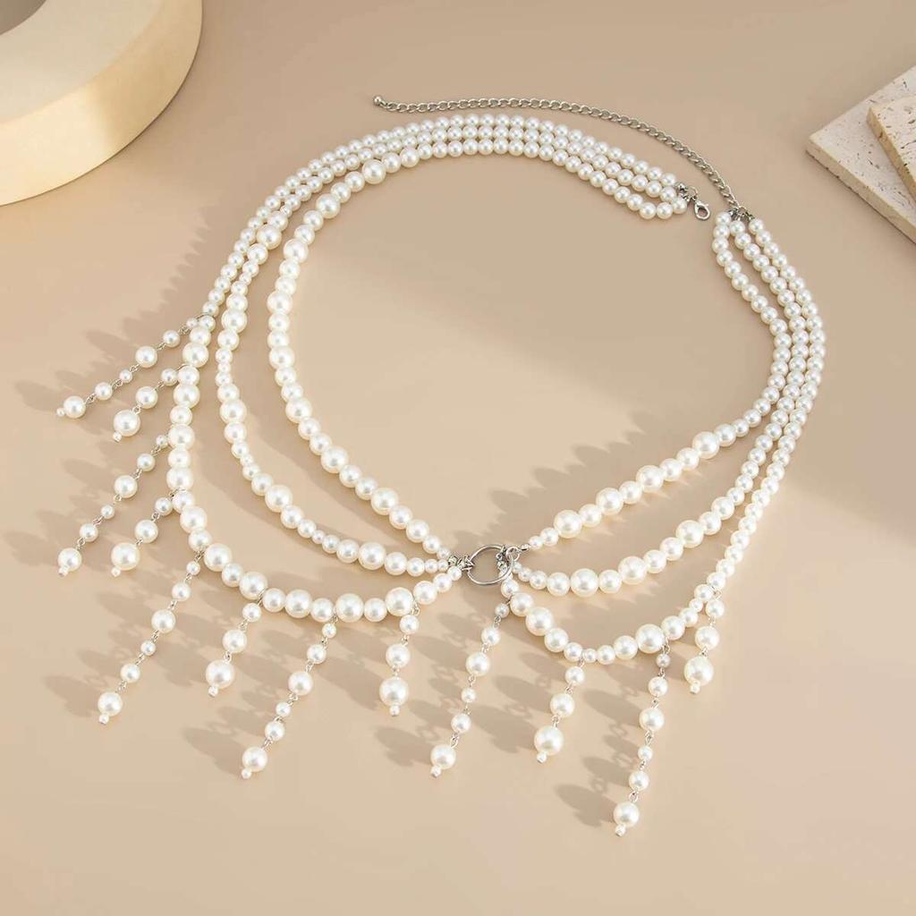 Salircon Elegant Multilayer Imitation Pearl Waist Chain for Women New Summer Beach Sexy Charm Bikini Tassel Pendant Jewelrry