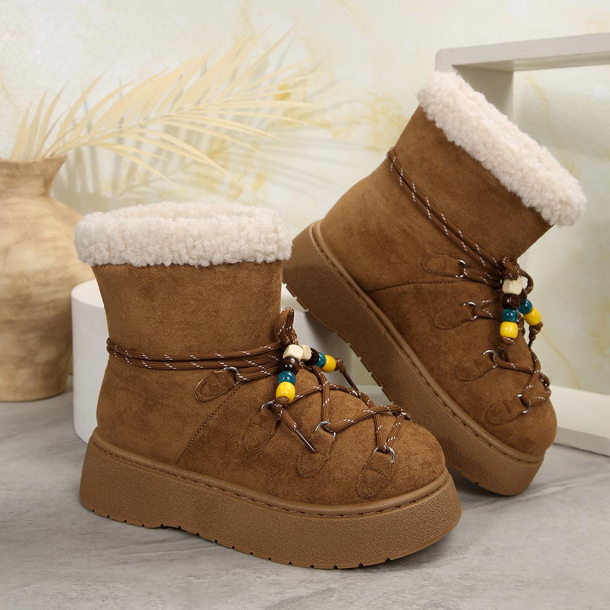 

Fashion Chunky Platform Non Slip Furry Snow Boots Women 2025 Winter Soft Thick Bottom Warm Plush Ankle Boots Colorful Bead Lace Up Shoes 42