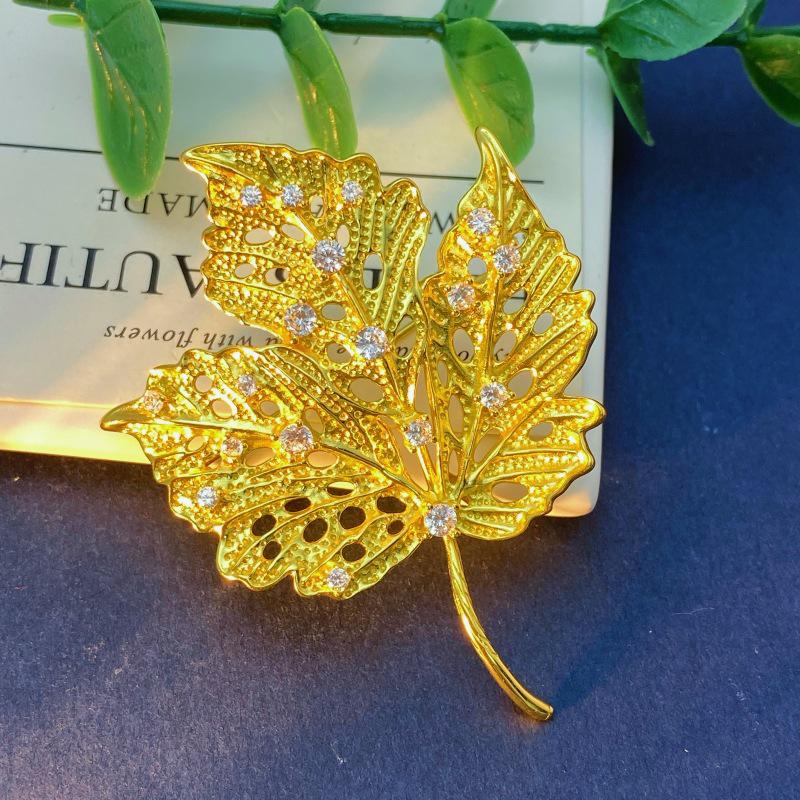 Gold-Plated Sterling Silver Maple Leaf Brooch with Zircon - Elegant and Versatile Women s Accessory 925 Silver