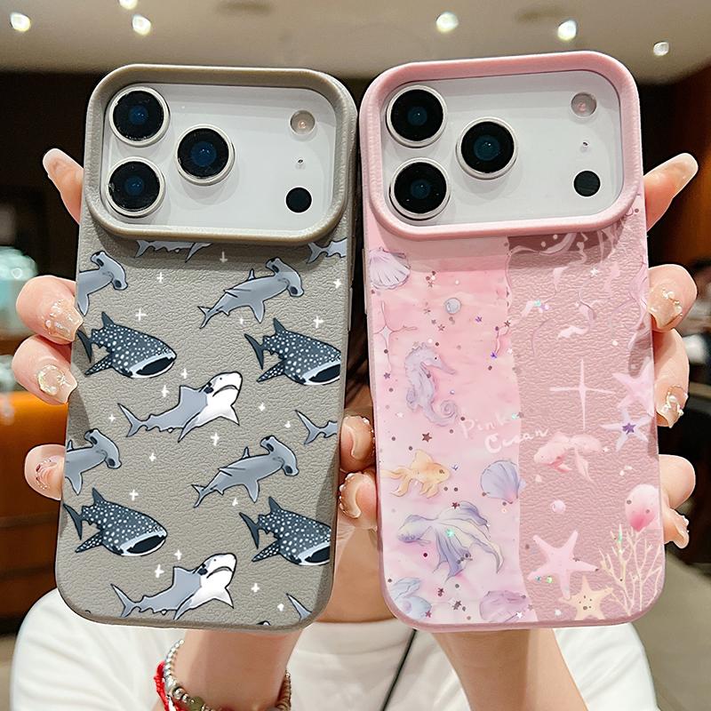 Trendy Ocean Style Whale Pattern Case For iPhone 17 16 Pro Max Luxury Leather Texture Matte Silicone Cover For iPhone 15 14 13 Pro Max 11 16e 17e