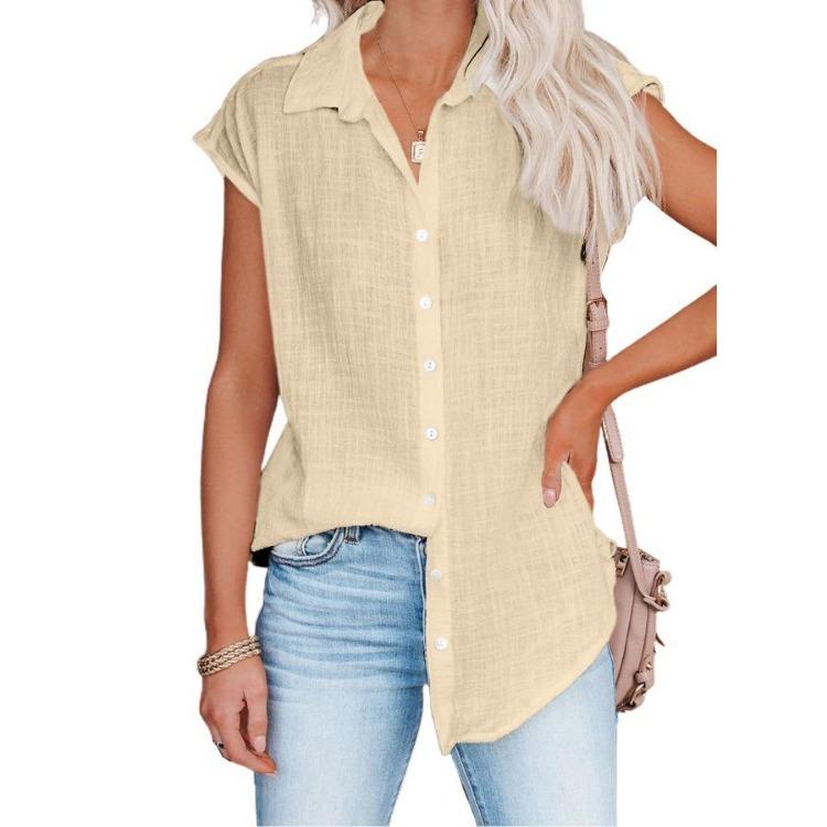 Women's Casual Summer Solid Color Short Sleeve Lapel Blouse Single Breasted Shirt Top