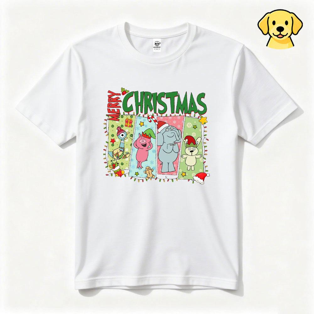 Merry Christmas Elephant Piggy T-shirt Cute Children's Book Festival T-shirt Fun Winter Reading T-shirt Warm Christmas Children's T-shirt