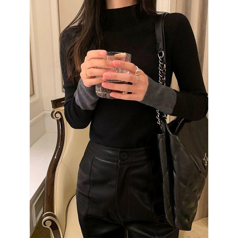 Contrast Color Half Turtleneck Sweater Tops for Women in Autumn and Winter New Slim Fit Design with Base Layer Tops