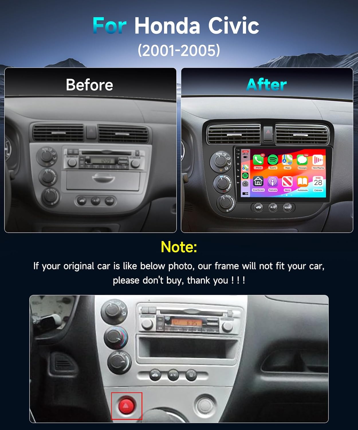 

Автомагнітола для Honda Civic 2001-2005, 9 HD Сенсорний Екран, CarPlay, Android Auto, Bluetooth, GPS, WiFi, Камера Заднього Виду 4Core 2G 32G