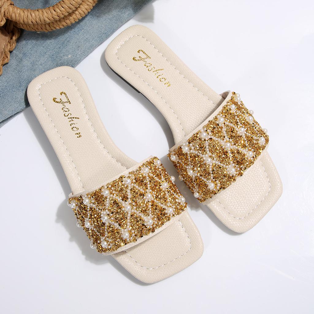 [Foreign Trade] Flat-bottomed Temperament Sequined Cool Slippers Women's Shoes Wear Soft-soled High-end Silver Sandals