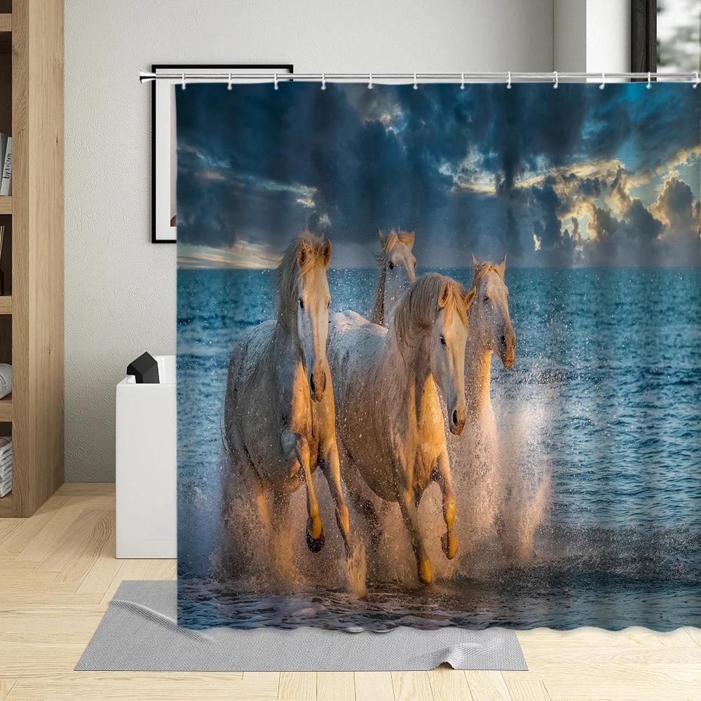 Grassland Animal Horse Shower Curtain Black White Horses Running Snowfield Horse Group Competition Bathroom Decor Curtains Hooks