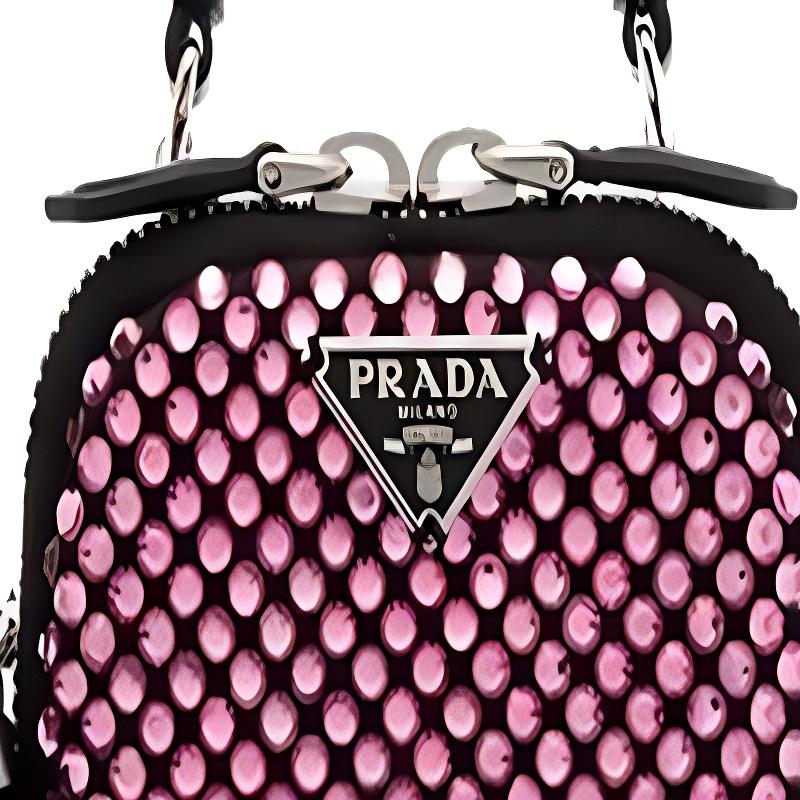 Prada Crystal Embellished Logo Zipper Closure Satin Handbag Unisex Handbags Pink 1DH030-2AWL-F0028