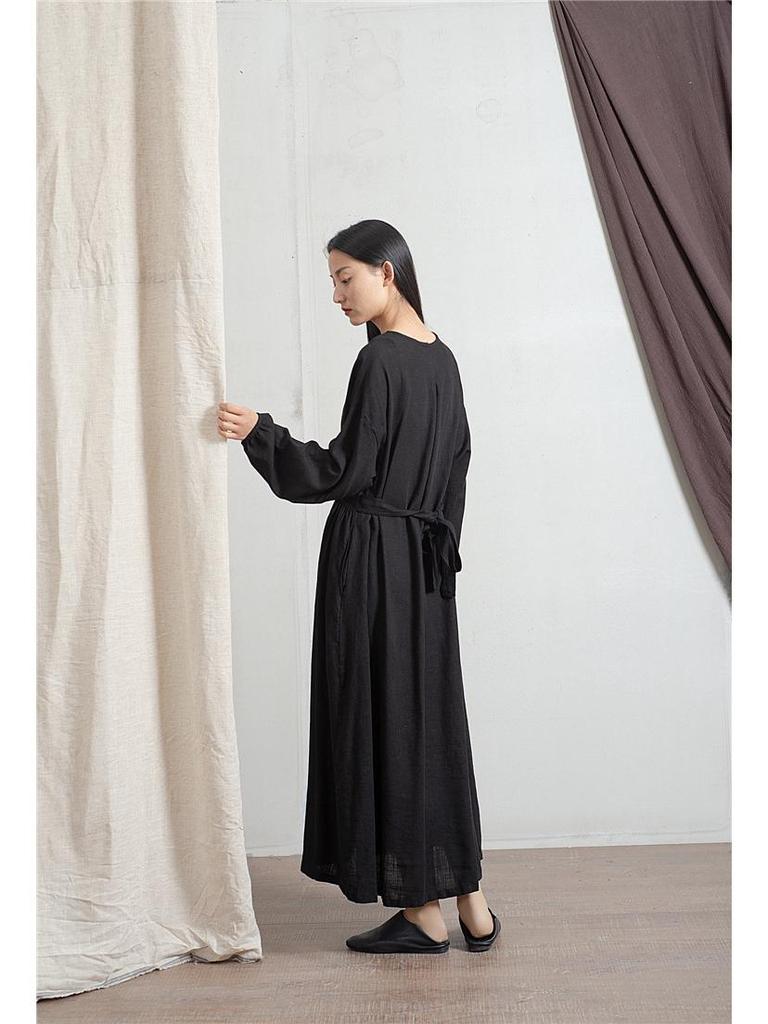 Women's Washed Bamboo Linen Chinese-Style Dress with Waist Seal, Available In 3 Colors