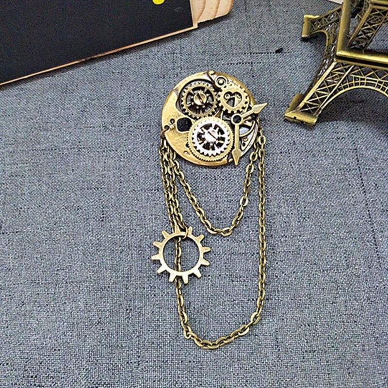 Punk Gear Clock Brooch Pins for Women Men Punk Lapel Pin Hanging Tassels Chains Brooch Pin Shirt Collar Pins Jewelry