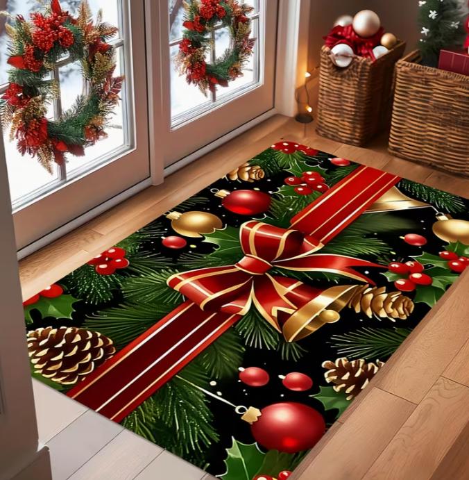 2D Flat Christmas Element Pattern Doormat, Flannel Washable Comfortable Mat, Suitable for Bathroom Decor, Bedroom Decor Mats