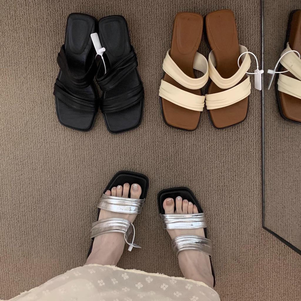 Wedge heel niche retro square head one-word slippers women's shoes outer wear 2025 summer with skirt French sandals