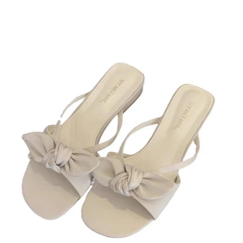 Middle Heel Peep Toe PU Butterfly-knot Shoes for Women 2024 New Modern Slippers Summer Outdoor New Women's Slippers