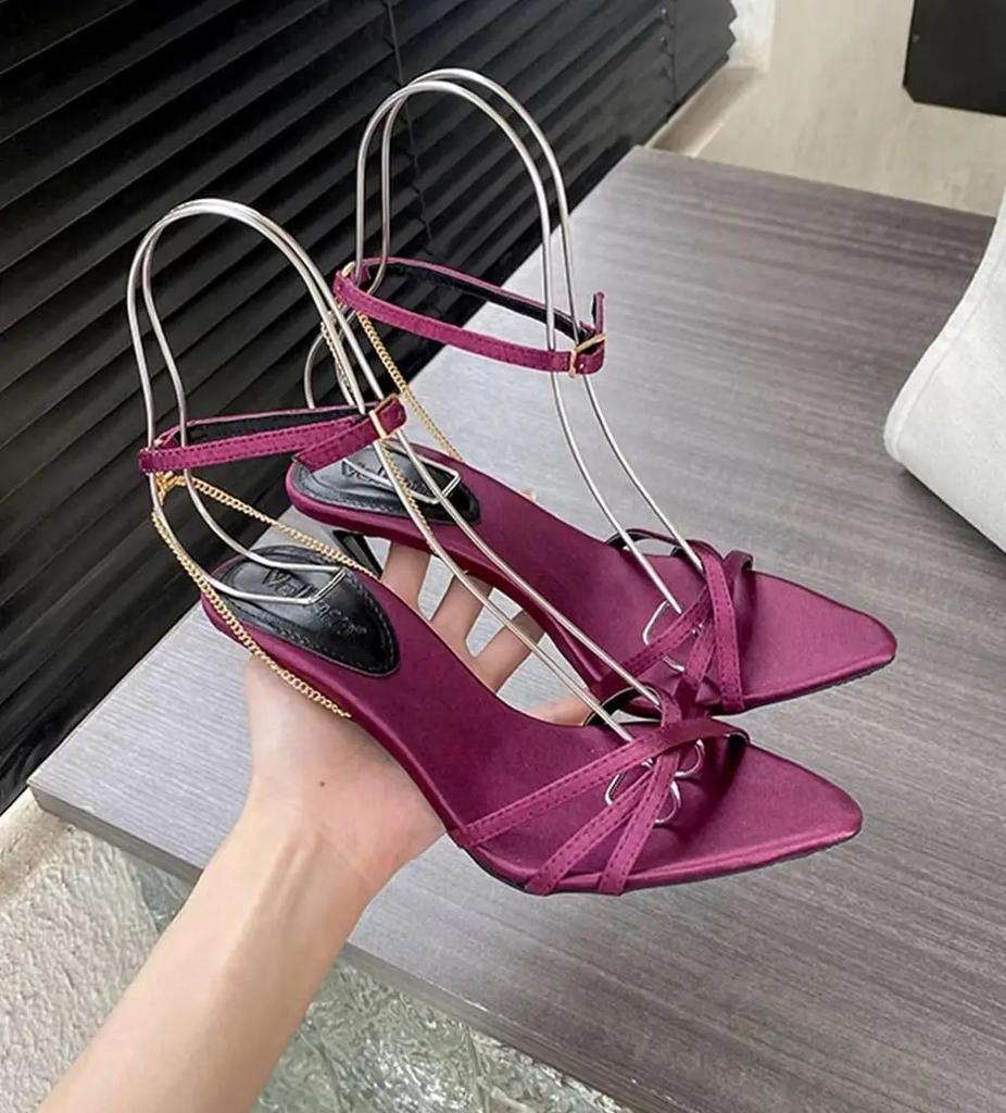 Fashion Pointed Toe Metal Chain High-Heeled Shoes for Women Summer Stiletto Heel Satin Open-Toe Sandals Sexy Purple 2025 New Styles
