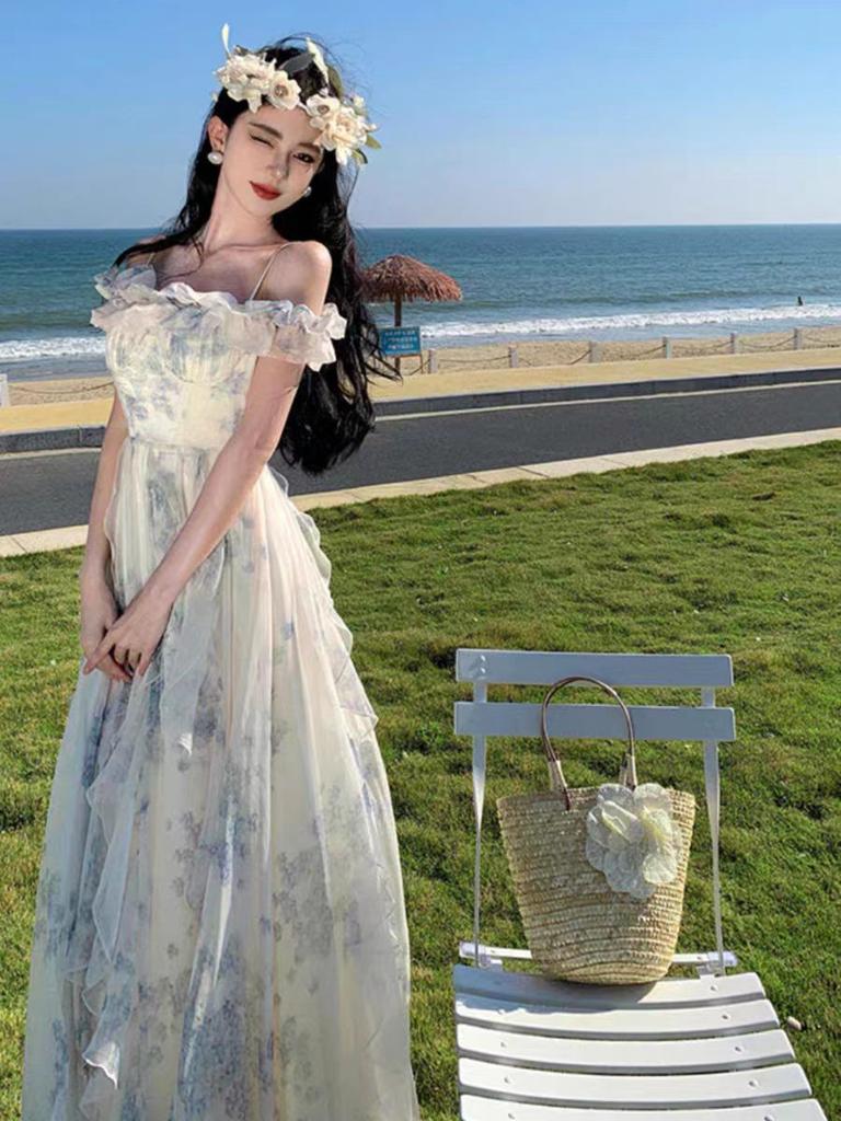 Seaside Vacation Style Suspender Skirt Yarn French Ruffle Edge Beach Dress Atmosphere Long Dress Elegant Fairy Fan