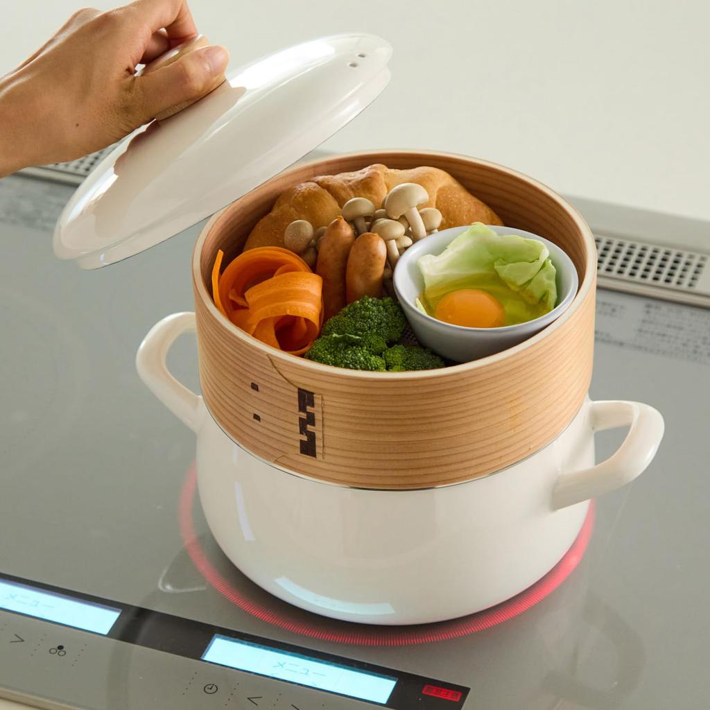 Fuji Enamel Enamel Pot with Steaming Direct Heat and Induction Compatible Steamer, 20cm, Greige, Compatible,