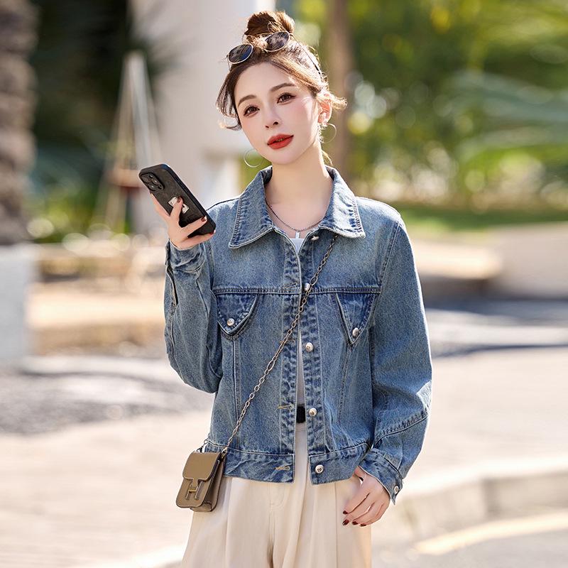 2025 Women's Retro Loose-Fit Denim Jacket with Turn-Down Collar, Long Sleeves