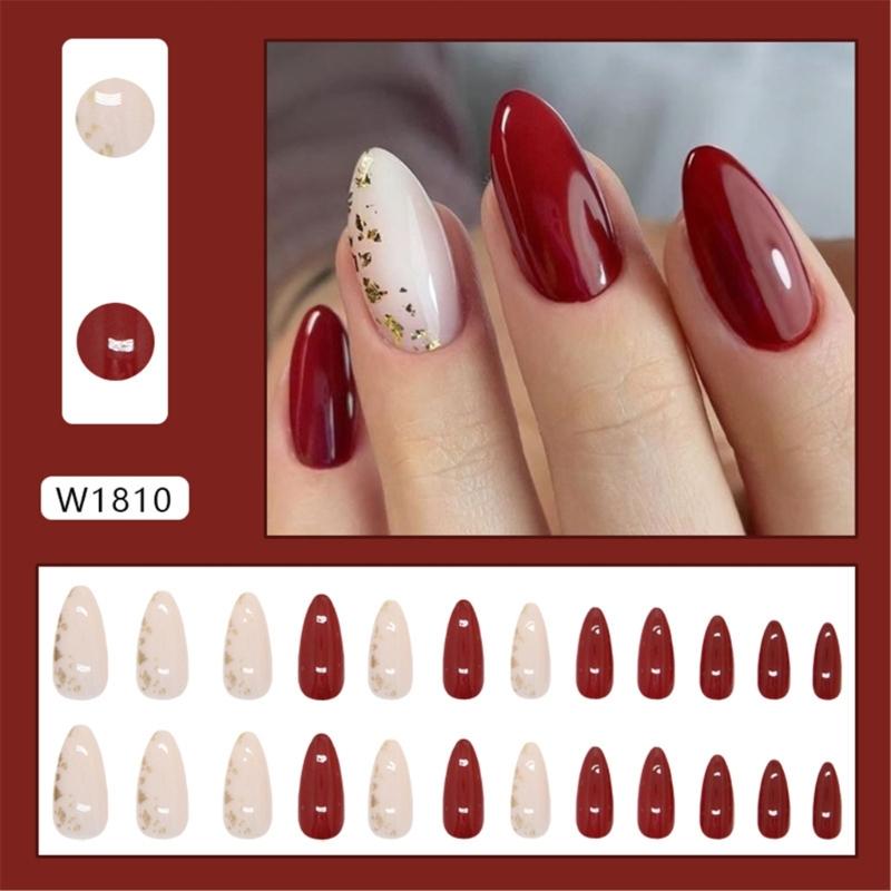 24pcs Acrylic Press On Nail Full Cover False Nail Short Almond Glossy Stripes Designs Artificial Nail Easy Application