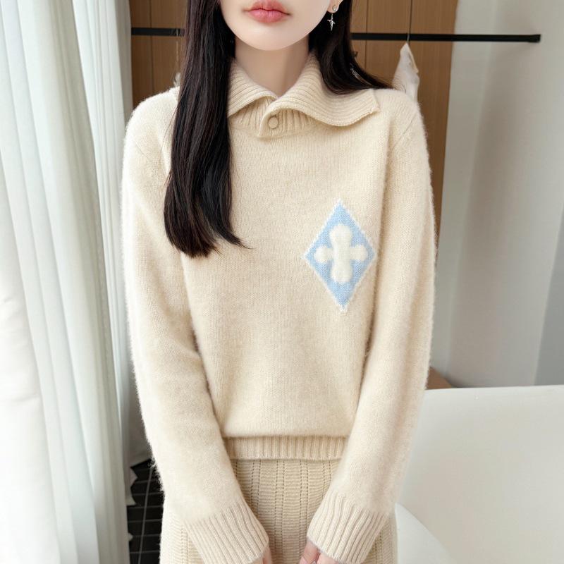 Women's Diamond Jacquard Wool Lapel Sweater - Thick, Warm, Long Sleeve Knitwear for Autumn/Winter