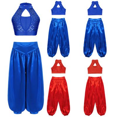 Girls Belly Dance Costume: Mock Neck Hollow Front Keyhole Back Sequin Crop Top & Wide-Leg Satin Bloomers Pants