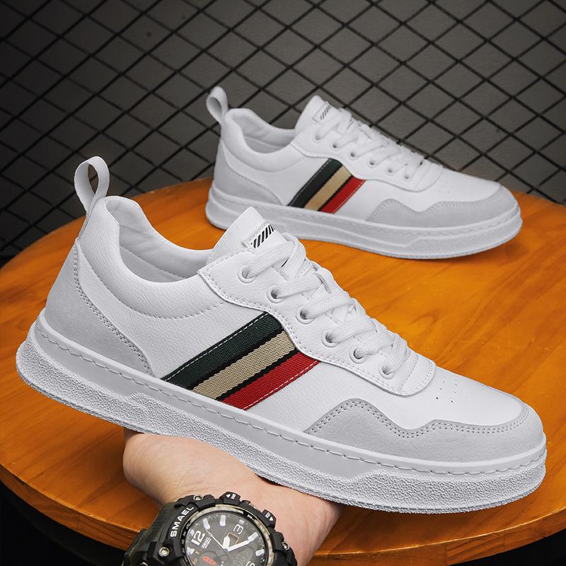 2024 New Men Leather Casual Shoes Autumn High End Fashion Striped Flat Skate Shoes Youth Cool Lace-up Sneakers