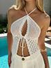 Women Sexy Halter Lace Up Backless Hollow Out Knit Cropped Top