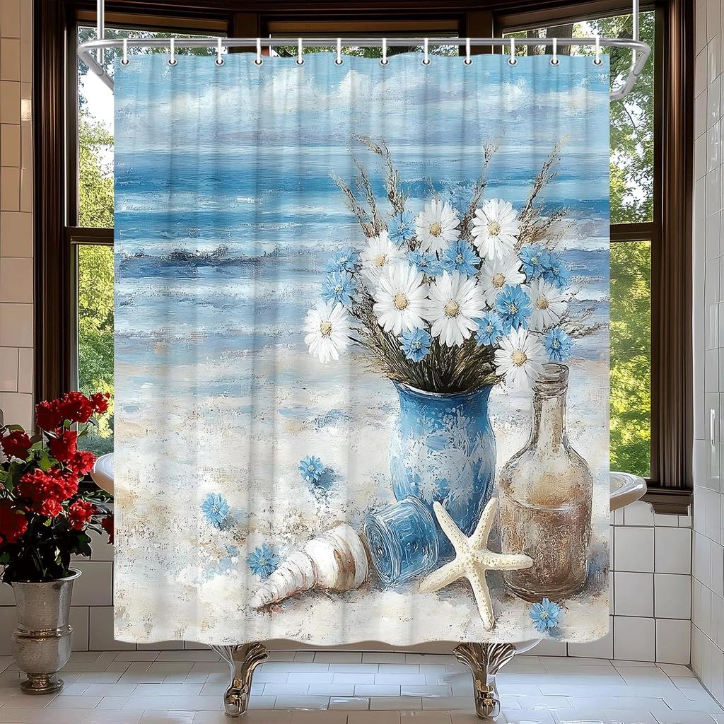 Beach Shower Curtain Oil Painting Style Blue Ocean Starfish Seashell Nautical Coastal Seascape Seaside Floral Daisy In Vase Sea