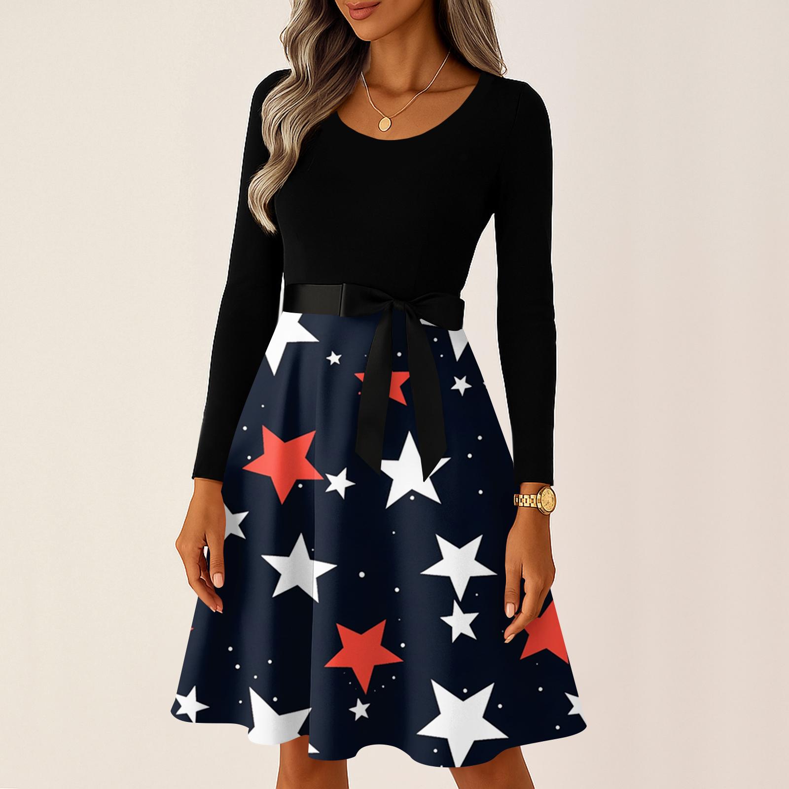 

Ladies Casual And Fashionable Round Neck Long Sleeved Retro Independent Day Print Retro Dress XXXXL чёрный